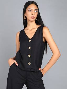 Saffe - Women'S Black Sleeveless V-Neck Solid Top
