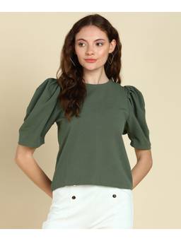Saffe - Women Green Puff Sleeves Round Neck Solid Top