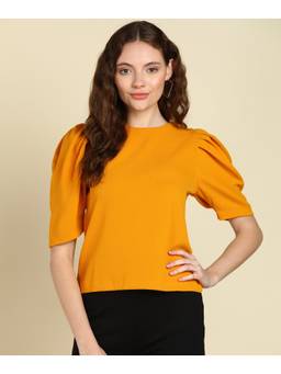 Saffe - Womens Mustard Puff Sleeves Round Neck Solid Top