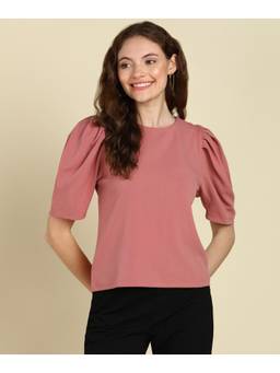 Saffe - Women Pink Puff Sleeves Round Neck Solid Top