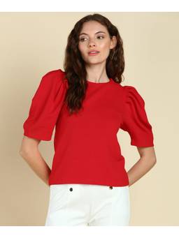 Saffe - Women Red Puff Sleeves Round Neck Solid Top