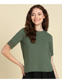 Saffe - Women Green Half Sleeves Round Neck Solid Top