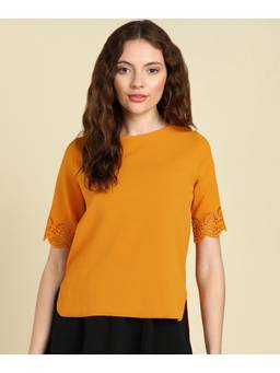 Saffe - Women Mustard Half Sleeves Round Neck Solid Top