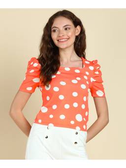Saffe - Women Orange Puff Sleeves Square Neck Polka Dots Top