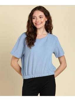 Saffe - Women Blue Half Sleeves Round Neck Solid Top