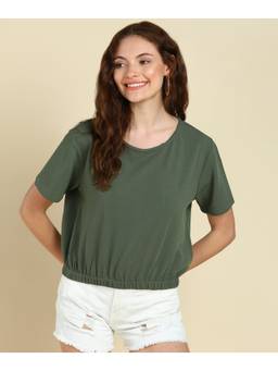 Saffe - Women Olive Half Sleeves Round Neck Solid Top