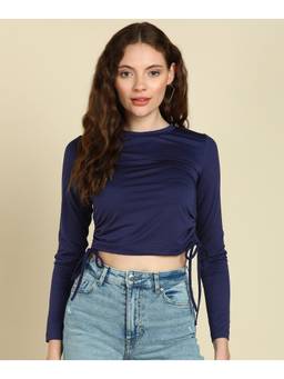 Saffe - Women Blue Full Sleeves Round Neck Solid Top