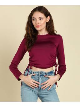 Saffe - Women Wine Full Sleeves Round Neck Solid Top