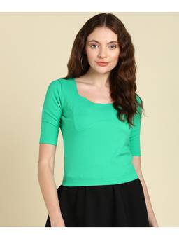 Saffe - Women Green Half Sleeves Square Neck Solid Top