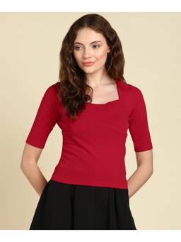 Saffe - Women Red Half Sleeves Square Neck Solid Top