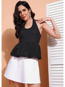 Saffe - Women Black Sleeveless Halter Neck Polka Dots Top