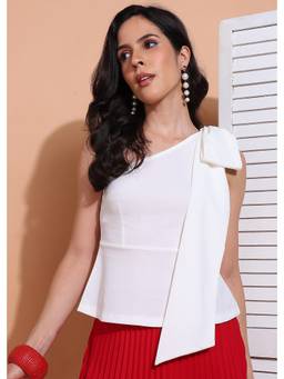 Saffe - Women White Sleeveless One Shoulder Solid Top