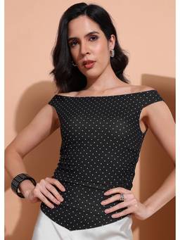 Saffe - Women Black Sleeveless Off Shoulder Polka Dots Top