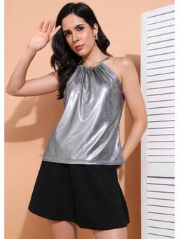 Saffe - Women Silver Sleeveless Halter Neck Solid Top