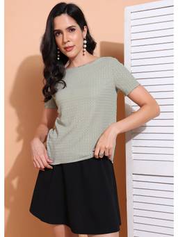 Saffe - Women Grey Half Sleeves Round Neck Textured Top