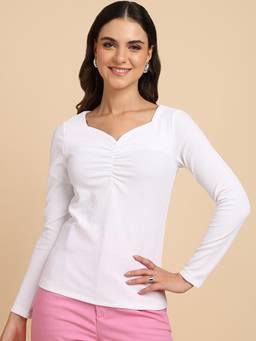 Saffe - Women White Full Sleeves Sweetheart Solid Top