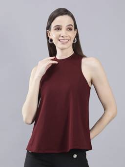 Saffe - Women Maroon Sleeveless Round Neck Solid Top