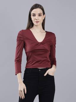 Saffe - Women Maroon Full Sleeves V-Neck Solid Top
