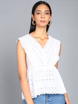 Saffe - Women White Sleeveless V-Neck Embroidered Top