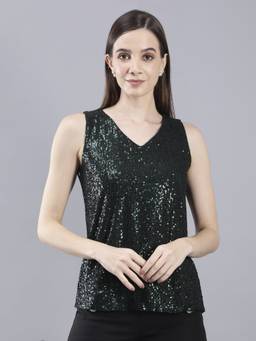Saffe - Women Green Sleeveless V-Neck Embellished Top