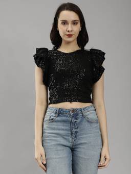 Saffe - Women Black Ruffled Sleeves Round Neck Embellished Top