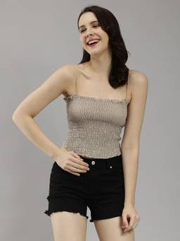 Saffe - Women Beige Sleeveless Shoulder Straps Solid Top