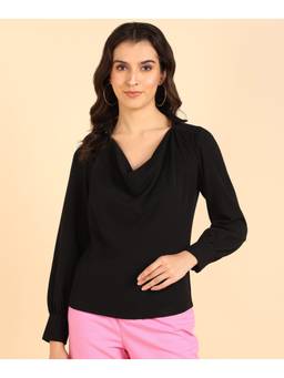 Saffe - Women Black Full Sleeves Cowl Neck Solid Top