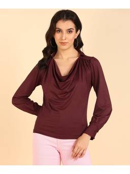 Saffe - Women Maroon Full Sleeves Cowl Neck Solid Top