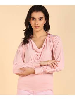 Saffe - Womens Pink Full Sleeves Cowl Neck Solid Top