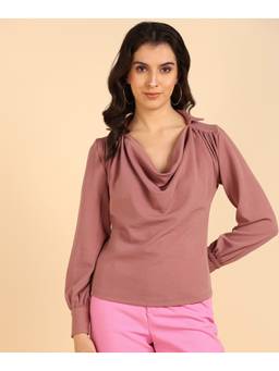 Saffe - Women Pink Full Sleeves Cowl Neck Solid Top
