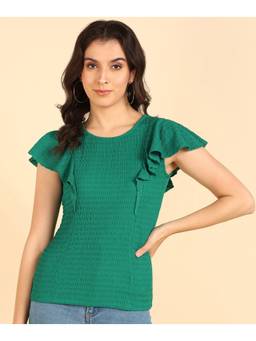 Saffe - Women Green Ruffled Sleeves Round Neck Solid Top