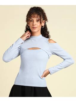 Saffe - Women Blue Full Sleeves High Neck Solid Top