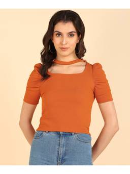 Saffe - Women Mustard Puff Sleeves Round Neck Solid Top