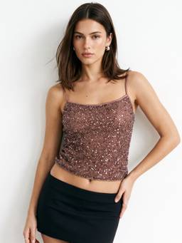 Outzidr - Taupe Spaghetti Strap Sequined Top