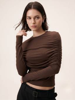 Outzidr - Brown Round Neck Fitted Ruched Top