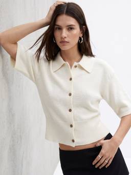 Outzidr - Cream Button Down Polo Cardigan