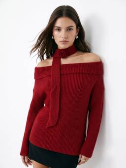 Outzidr - Red Off-Shoulder Scarf Detail Sweater