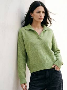 Outzidr - Green Polo Neck Fuzzy Sweater