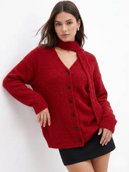 Outzidr - Red Button Down Scarf Detail Cardigan