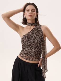 Outzidr - Brown One Shoudler Animal Printed Top