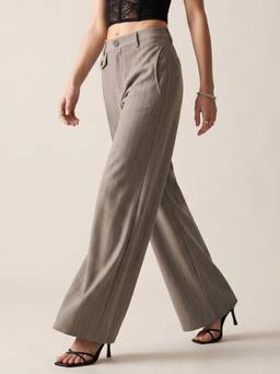 Outzidr - Taupe Striped Baggy Fit Trouser
