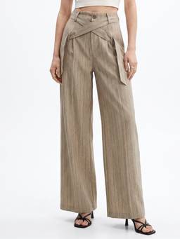 Outzidr - Beige Cross-Belt Pleated Wide-Leg Trouser