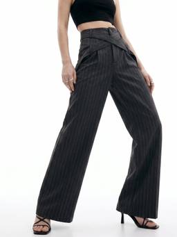 Outzidr - Charcoal Cross-Belt Pleated Wide-Leg Trouser