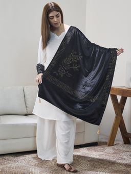 InWeave - Women Black Velvet Floral Embellished Shawl