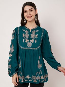 Atha Fashion - Teal Embroidered Peplum Top