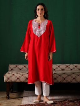 Kashmir Box - Embroidered Red Cashmilion Winter Kurta