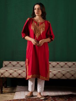 Kashmir Box - Golden Boti Tilla Embroidered Magenta Red Cashmilion Winter Kurta