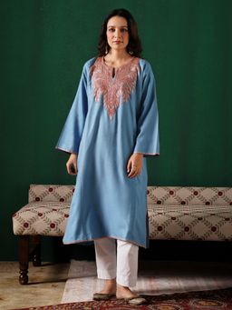 Kashmir Box - Golden Boti Tilla Embroidered Light Blue Cashmilion Winter Kurta