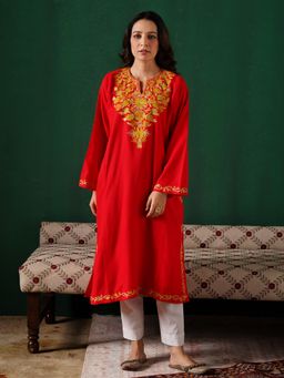 Kashmir Box - Aari Embroidered Red Cashmilion Winter Kurta