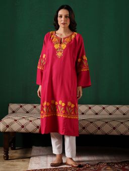 Kashmir Box - Aari Embroidered Pink Cashmilion Winter Kurta